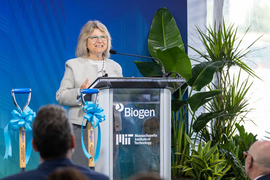 MIT President Sally Kornbluth at podium