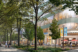Street-view rendering of 75 Broadway, a glass building labeled “Biogen” with a restaurant on the ground floor, and a pedestrian walkway surrounded by trees