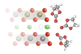 Lithium ions moving from an electrolyte solution to a cobalt oxide electrode