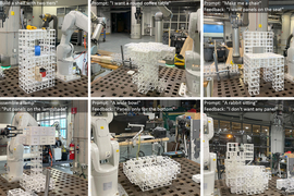 Six objects built with modular lattice cubes: shelf, round coffee table, chair, lamp, bowl, and a rabbit sitting. Prompts are given such as “Build a shelf with two tiers” or “Prompt: assemble a lamp; Feedback: Put panels on the lampshade.”