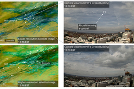 On left, aerial view of New England with MIT campus labeled. Arrows point to contrails; bottom high-res has many more arrows. On right, camera on the Green Building shows a single contrail.