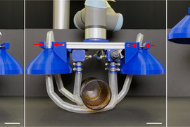Three photos with overlayed arrows show the direction the vines as it picks up a glass vase.