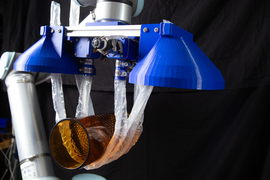 The vine robot holds a glass vase.