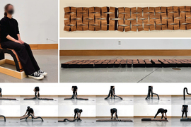 Multiple photos show a person sitting in a chair, and a person building and collapsing the chair.