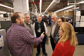 Jaime Nash, James Thomson, Raymond Ankron, Bill Bonvillian, Julie Diop, and Meredith Knight face each other in discussion.