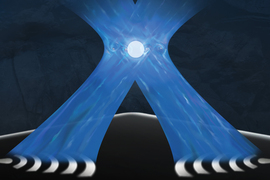 Two beams of blue light intersect and a spherical ion is at the center.