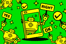 A robot holds signs saying, “yes! OK! Right!”