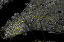 A map showing pedestrian volumes (in yellow) in lower Manhattan.