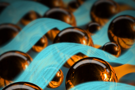 Shiny spheres undulate on blue light.