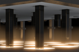 Rendering of power sticks in between grey slabs, with one side glowing.