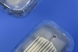 The device is rectangular and covered in soft clear gel and has pathways.