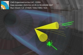 A rendering shows two particles interacting in a vast tube. The particles each create a yellow funnel showing their trajectory.