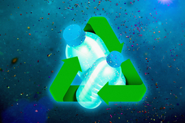 Recycling logo, plastic bottles and ocean background.