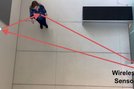 A view of a room shows a person walking, and a “Wireless sensor” bounces off another sensor to triangulate their position.
