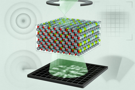 A green laser scans through a boxed lattice of atoms
