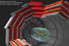 Rendering of bulb inside structure shows a burst with lots of yellow and green lines, and a pink arrow and red line.