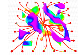 Aerial view shows 24 flight pathways from center of room to edges, represented in colored lines, mainly red. Colorful blobs represent obstacles.