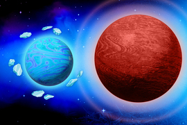 A figure shows how the planets have moved over time towards their star TOI-1130 (orange circle on left). An arrow shows the “migration” towards the star, and the “frostline” is depicted in blue. Top is labeled “then” and bottom is labeled “now.”