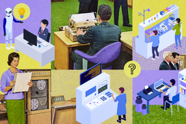Collage of vintage photos of office workers mixed with illustrations of modern lab workers.