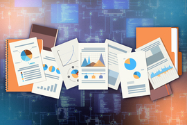 Documents with various charts on futuristic database-style background.