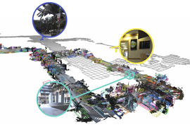 A virtual view of a large campus, with lots of objects in boxes. Three insets show photos of sculptures on campus.