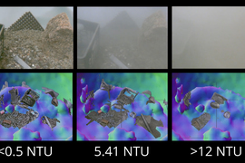 Three pairs of images showing sea sediment and their visualizations at three levels: less than 0.5 NTU, 5.41 NTU, and more than 12 NTU.