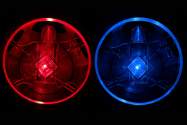 Electrically-excited quantum dots lit up red and blue