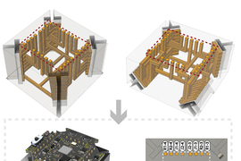 Renderings show the inside of connector blocks, with Y and L-shaped routes for the parts to slide through. Top is a circuit board.