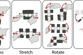 Four examples show how the blocks can be used, with hands maneuvering the blocks: “compress, stretch, rotate, bend.”
