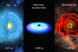 3 images show a “Star” as a cut-away sphere with a yellow core; a “Black Hole Accretion Disk” with black core and blue pancake spiral; and the “Black Hole Star,” an amorphous red cloud with a black center.