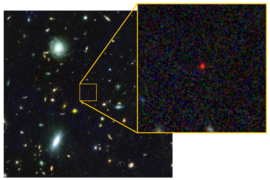 A view of the galaxy has tiny red dots; the inset shows a blurry red dot.
