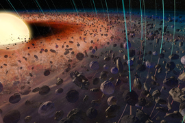 Around a glowing star is a disc of swirling rocks, with perpendicular lines of magnetism.