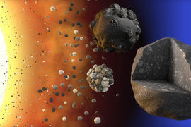 A glowing star is on the left, with various sizes of rocks emanating away from it, including a big chunk on the right.