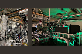 Two photos of the lab setup with many wires and machines covered in foil
