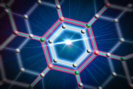 Grey graphene spheres create a hexagon located inside another hexagon made of pink and green spheres. The hexagons make lattices. Inside the hexagons, light appears.