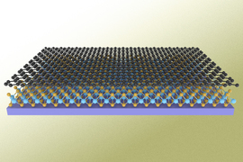 Three layers; a grey lattice of graphene; a lattice of yellow and blue superconducting material; and then a slab of purple substrate.