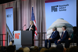 President Sally Kornbluth addressing the audience