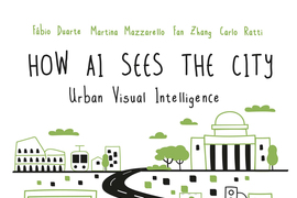 The full book cover for “How AI Sees the City; Urban Visual Intelligence” shows cameras, roads, cars, and the MIT Great Dome.