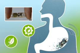 Inset shows fingers holding a tiny battery. A silhouette of a man shows his stomach has a dissolving battery that has a wifi signal.
