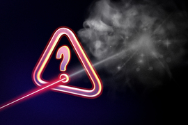 A red laser turns grey and fizzles out when passing through an “question mark” error message.