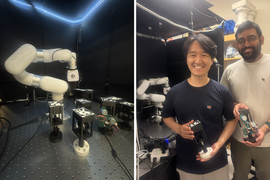 Two photos. On left is the lab’s experimental setup with a robot arm and boxes. Seou Choi and Sachin Vaidya show us what’s inside of the boxes, showing a lens and a green motor.