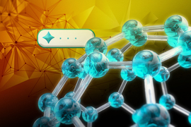 A crystal lattice in foreground with an AI chatbot icon.