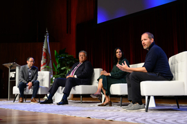 Eric Paley, Noubar Afeyan, Sangeeta Bhatia, and Bob Mumgaard in discussion on stage