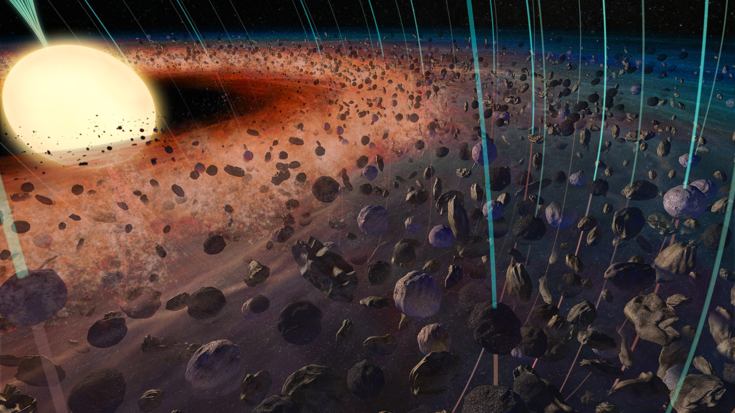 Around a glowing star is a disc of swirling rocks, with perpendicular lines of magnetism.