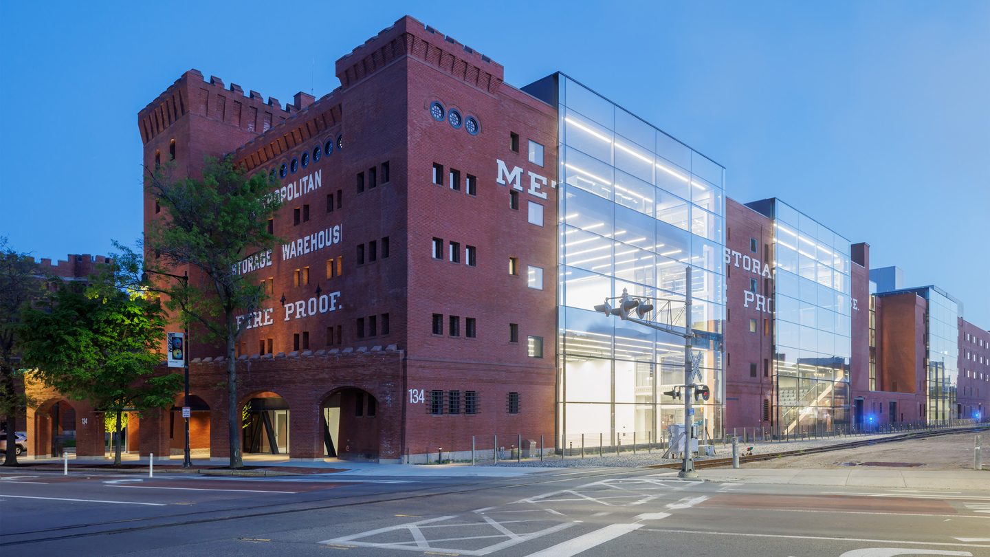 North facade and east main portico entrance to the Metropolitan Warehouse at MIT