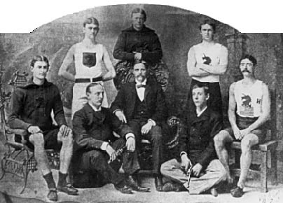 Several members of America's first Olympic team from 1896. Standing: T.E. Burke, Thomas P. Curtis, '94, Ellery H. Clark. Seated: W.W. Hoyt, Sumner Paine, Trainer John Graham, John B. Paine, Arthur Blake.