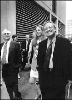 Architect Frank Gehry, observer Jane Wolfson and Dean of the School of Architecture William Mitchell (left to right) made an on-site inspection of Building 20 with local architects and members of the Cambridge Historical Commission.