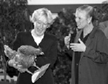 Departing VP for Human Resources Joan Rice (left) laughs as she holds her gift of a stuffed chicken given to her by Vice President Kathryn Willmore (right). The gift recalled a conversation in which Ms. Rice referred to "taking care of all the little chickens at MIT."