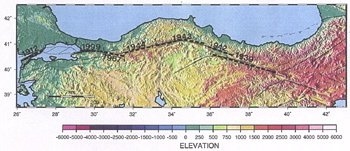 A map of Turkey showing the North Anatolian fault and the successive earthquakes rupturing the fault starting from the east in 1939 and causing the recent Izmit quake. The city of Izmit is located under the first "9" in the "1999" legend.