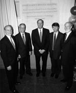 At the celebration for the naming of the biology building for alumnus David H. Koch were (left to right) Professor Phillip A. Sharp, President Charles M. Vest, Mr. Koch, Professor Robert T. Sauer (head of the Department of Biology) and Professor Richard O. Hynes (director of the Center for Cancer Research).